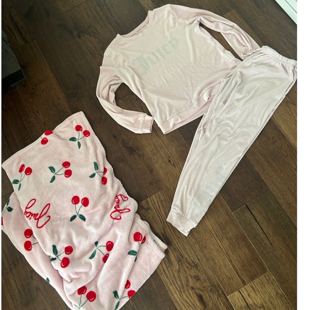 Juicy Couture Pink Velour Pajama Set Rhinestone Logo with Cherry Fleece Blanket